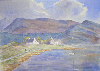 watercolour cottage lake